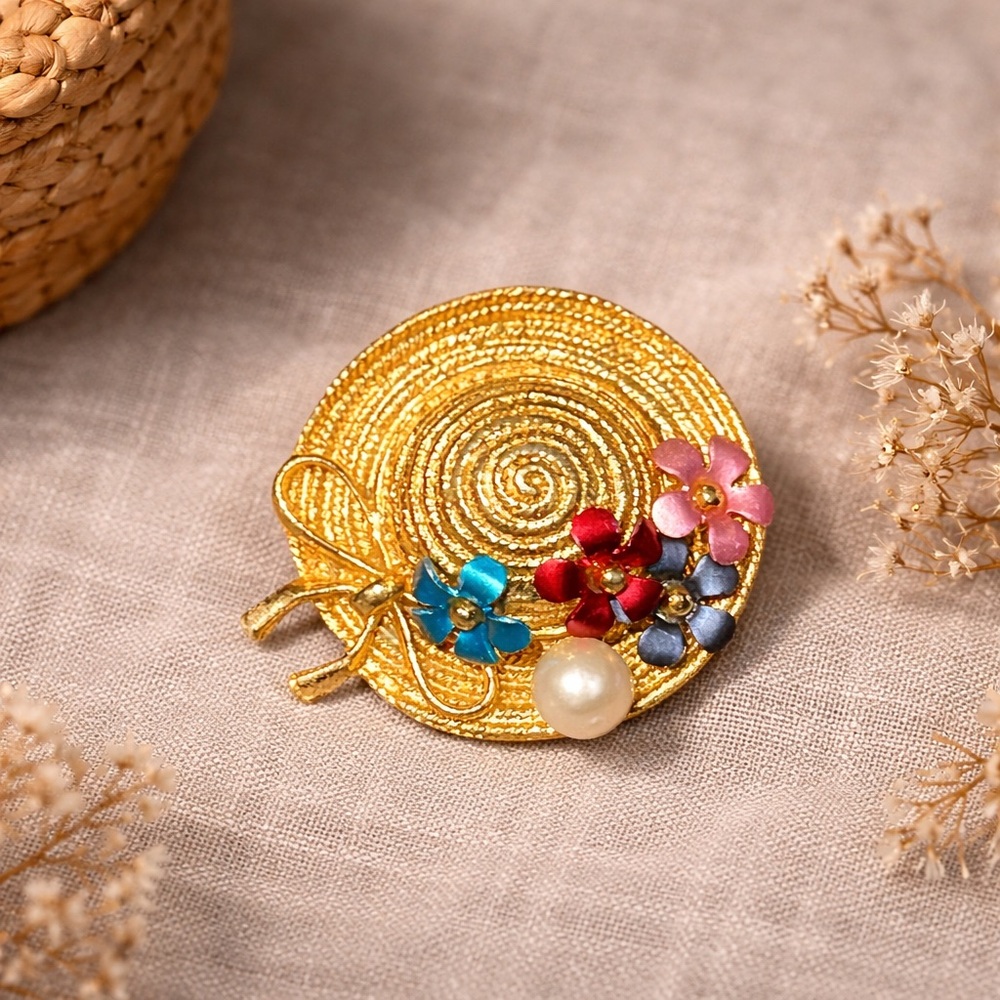 Gold-Tone Straw Hat Floral Faux Pearl Brooch